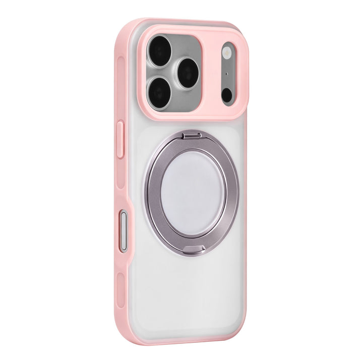 Roze TUNIQ telefoonhoesje met glanzende ringstandaard, van achteren op een telefoon