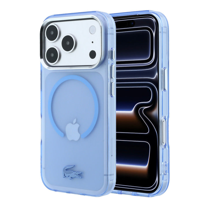 Blauw transparant Lacoste telefoonhoesje met ring en krokodillenlogo, voor- en achterkant op een telefoon