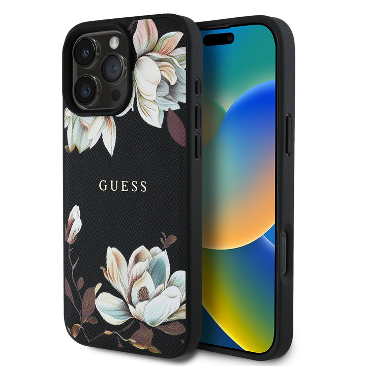 Zwart Guess telefoonhoesje met witte bloemen en klassiek logo, voor- en achterkant op een telefoon