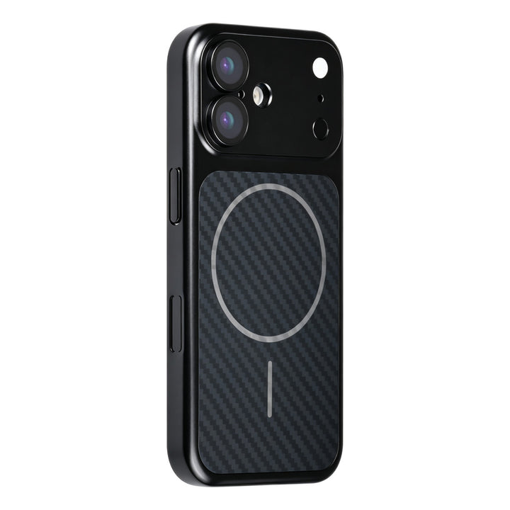 Zwart TUNIQ telefoonhoesje met diagonaal patroon en ring, van achteren op een telefoon
