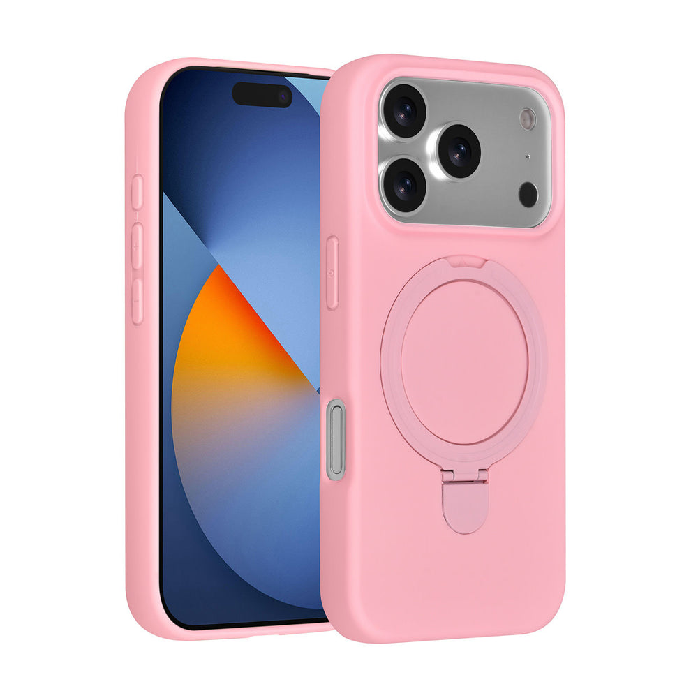 Roze TUNIQ telefoonhoesje met ringstandaard, voor- en achterkant op een telefoon