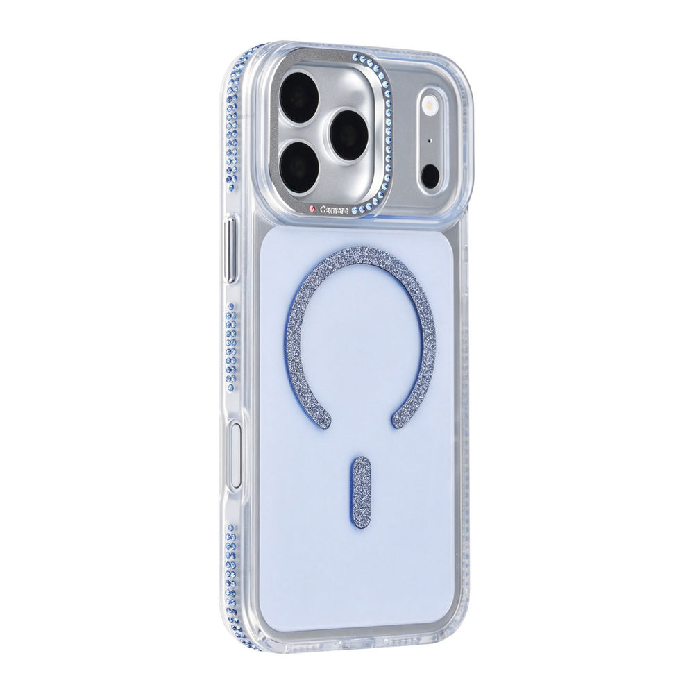 Transparant TUNIQ telefoonhoesje met blauwe glitters langs de rand en gebogen ring, van achteren op een telefoon