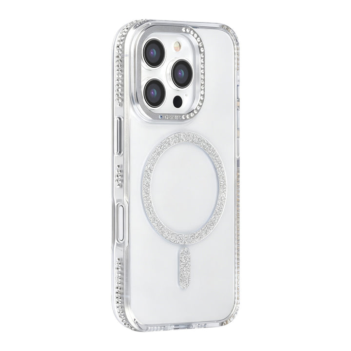 Transparant TUNIQ telefoonhoesje met zilverkleurige glitterring en rand, van achteren op een telefoon