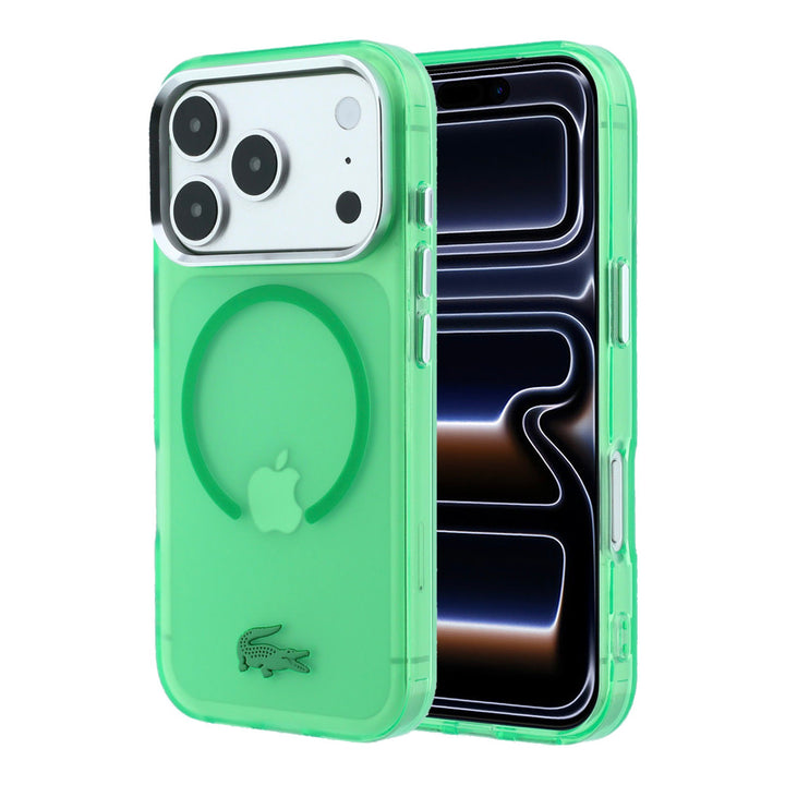 Groen transparant Lacoste telefoonhoesje met ring en krokodillenlogo, voor- en achterkant op een telefoon