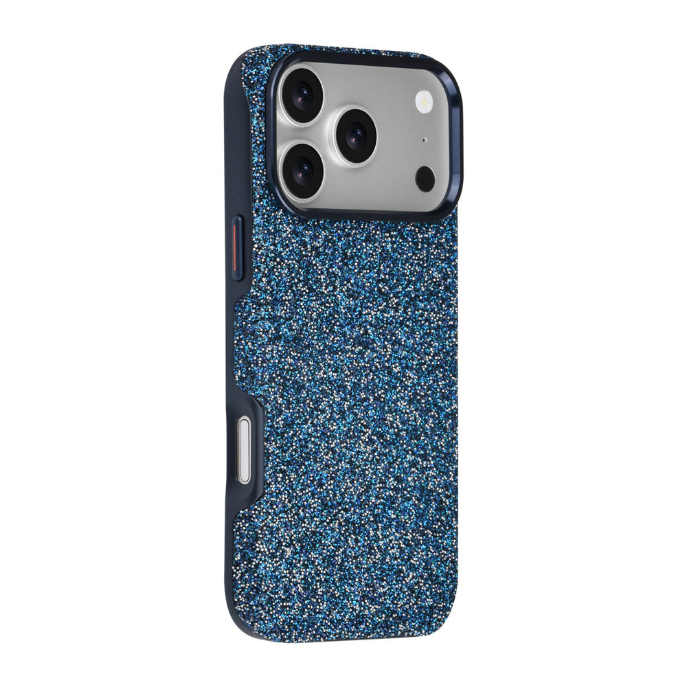 Blauw TUNIQ telefoonhoesje met glitters, van achteren op een telefoon