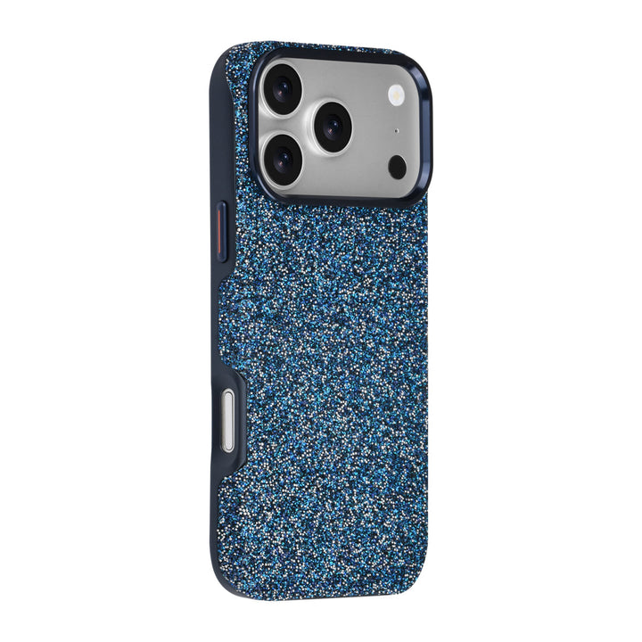 Blauw TUNIQ telefoonhoesje met glitters, van achteren op een telefoon