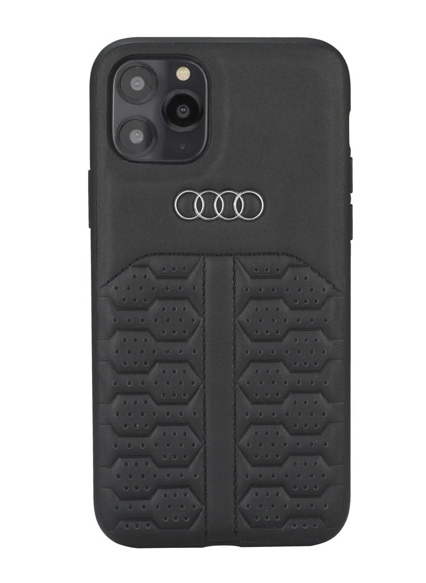 Zwart Audi telefoonhoesje met Audi-logo en geometrisch reliëf, van achteren
