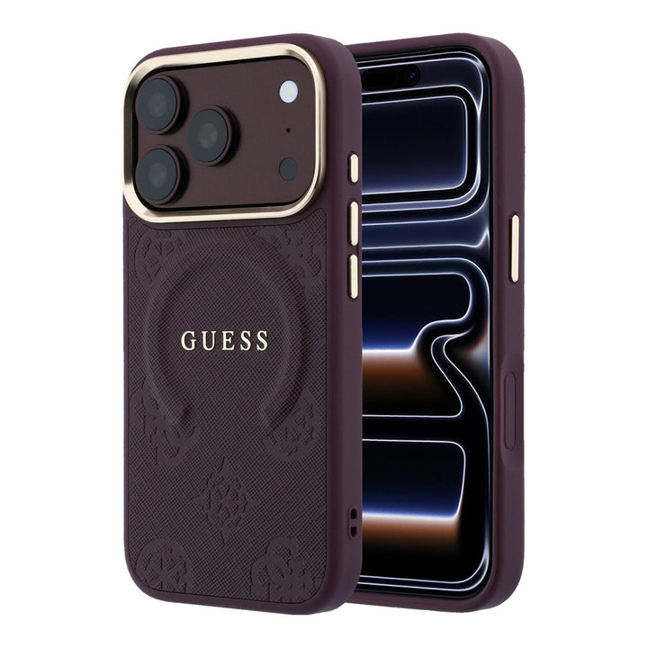 Bordeauxkleurig Guess telefoonhoesje met ingedrukt ringpatroon en schriftlogo, voor- en achterkant op een telefoon