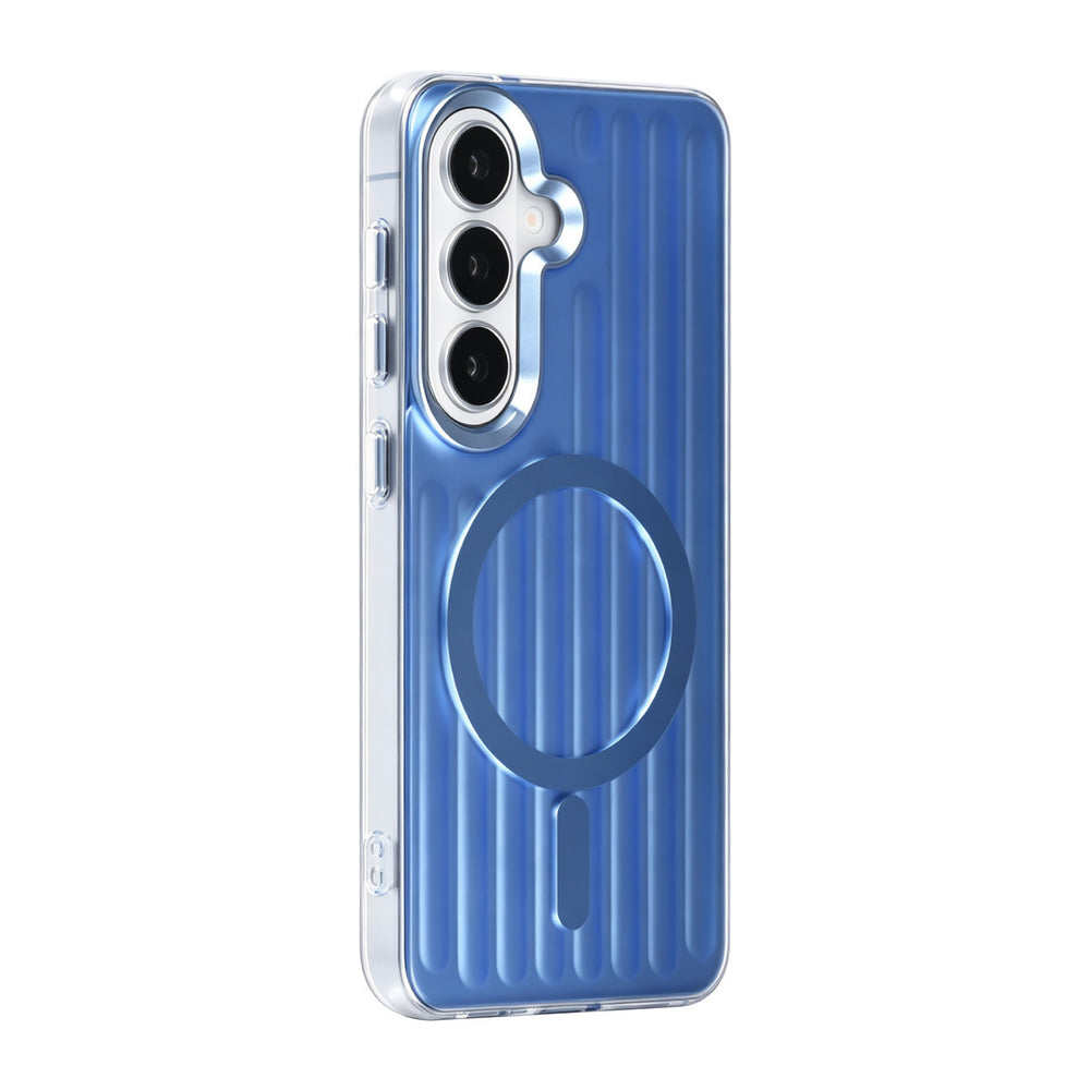 Blauw TUNIQ telefoonhoesje met verticale ribbels en ring, van achteren op een telefoon