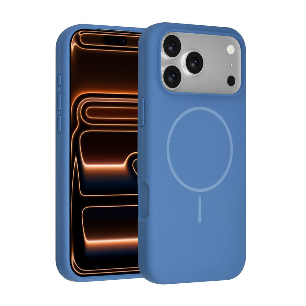 Blauw TUNIQ telefoonhoesje met ring, voor- en achterkant op een telefoon