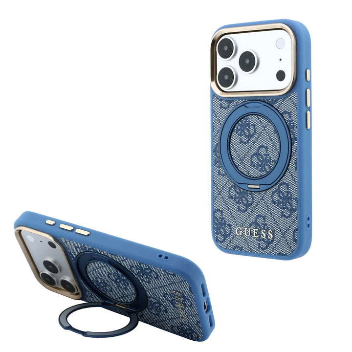 Blauw Guess telefoonhoesje met 4G-patroon met ringstandaard, staand en horizontaal als telefoonsteun