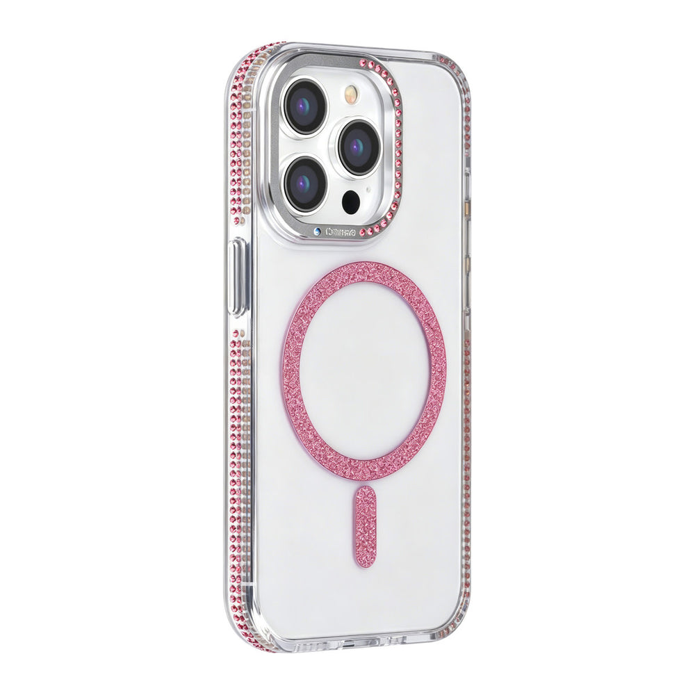 Transparant TUNIQ telefoonhoesje met roze glitterring en rand, van achteren op een telefoon
