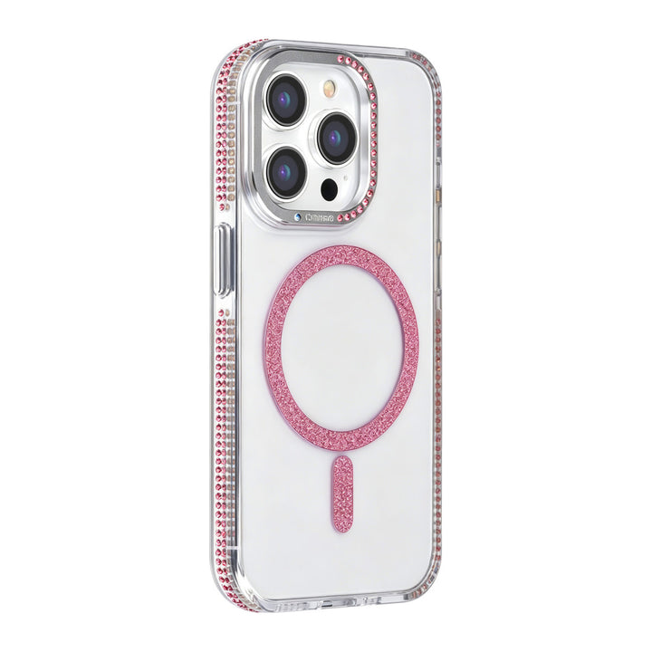 Transparant TUNIQ telefoonhoesje met roze glitterring en rand, van achteren op een telefoon