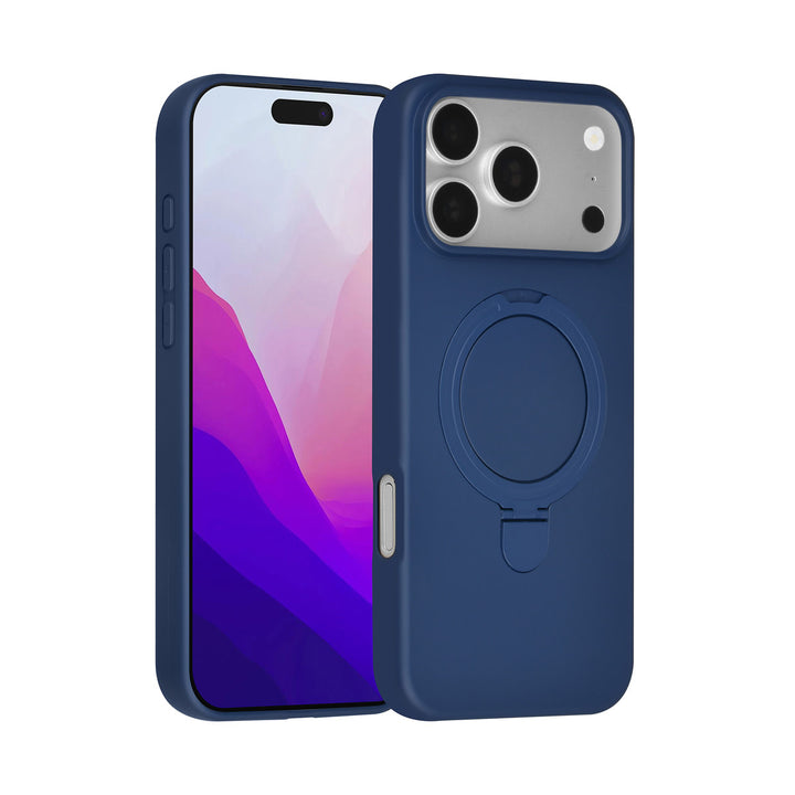 Donkerblauw TUNIQ telefoonhoesje met ringstandaard, voor- en achterkant op een telefoon