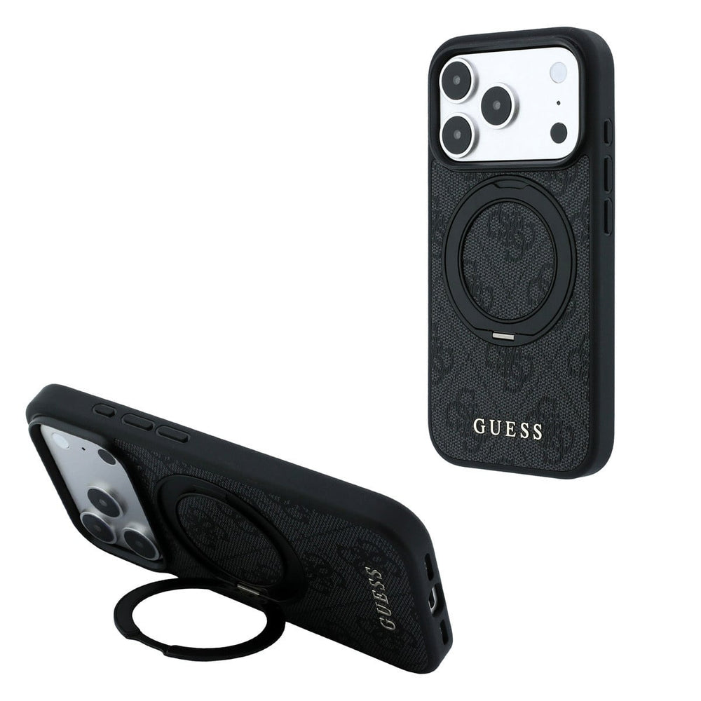 Zwart Guess telefoonhoesje met 4G-patroon met ringstandaard, staand en horizontaal als telefoonsteun