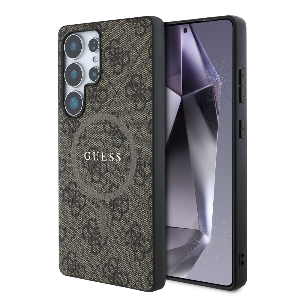 Bruin Guess telefoonhoesje met 4G-patroon en rond logo, voor- en achterkant op een telefoon