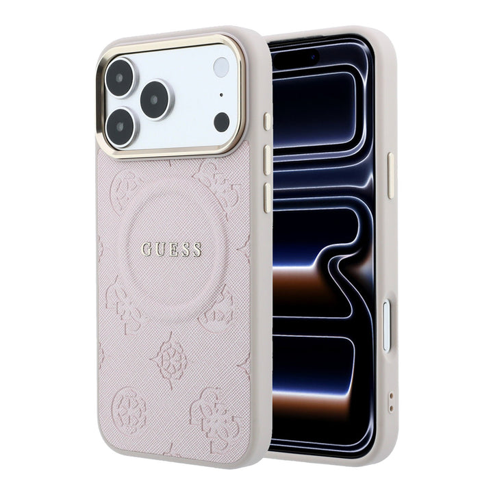 Roze Guess telefoonhoesje met bloemenpatroon en rond logo, voor- en achterkant op een telefoon
