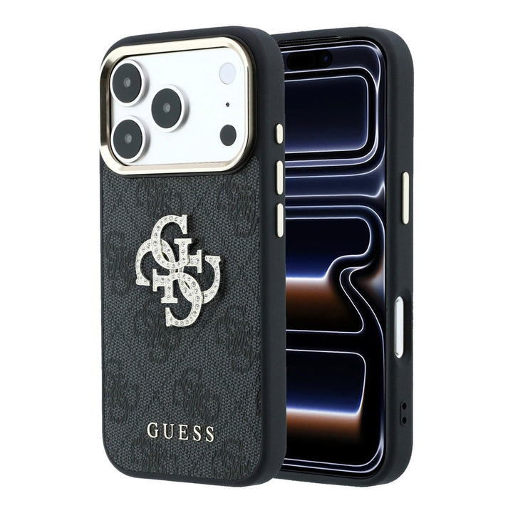 Zwart Guess telefoonhoesje met 4G-patroon en groot strasslogo, voor- en achterkant op een telefoon