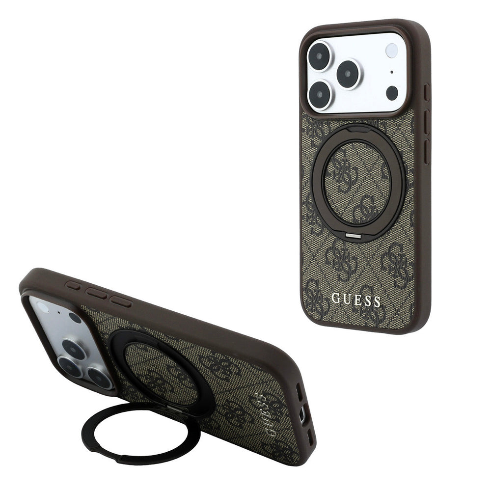 Bruin Guess telefoonhoesje met 4G-patroon met ringstandaard, staand en horizontaal als telefoonsteun