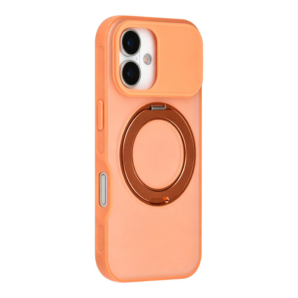 Oranje TUNIQ telefoonhoesje met glanzende ringstandaard, van achteren op een telefoon