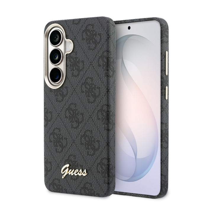 Zwart Guess telefoonhoesje met 4G-patroon en goudkleurig schriftlogo, voor- en achterkant op een telefoon