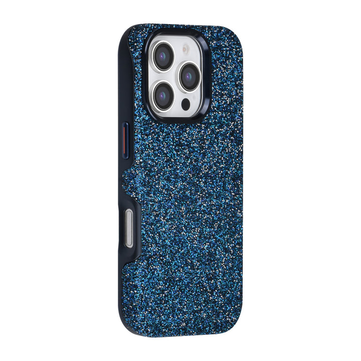 Blauw TUNIQ telefoonhoesje met glitters, van achteren op een telefoon