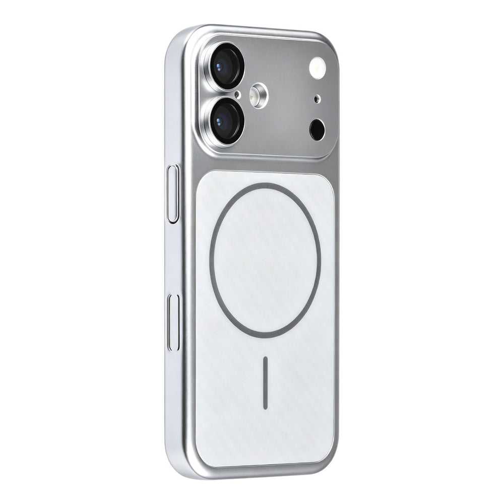 Zilverkleurig TUNIQ telefoonhoesje met diagonaal patroon en ring, van achteren op een telefoon