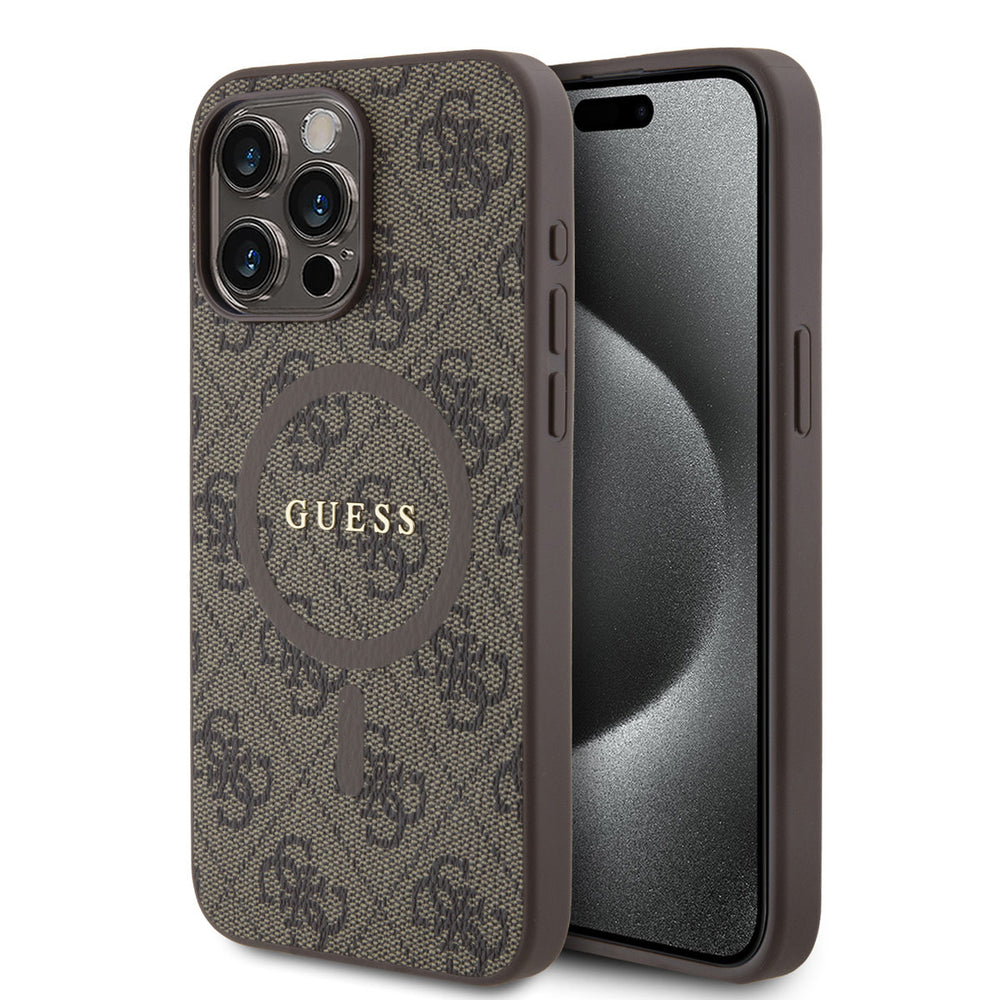Bruin Guess telefoonhoesje met 4G-patroon en rond logo, voor- en achterkant op een telefoon
