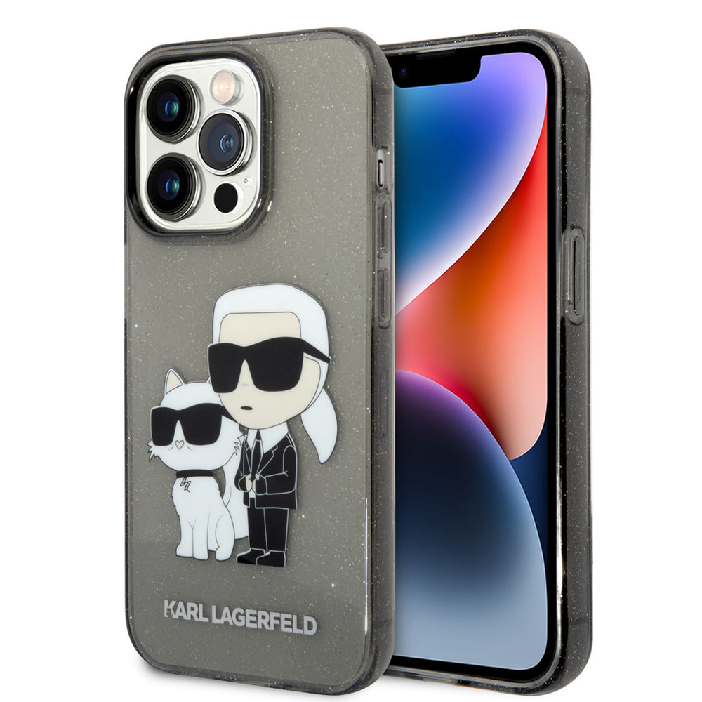 Karl Lagerfeld telefoonhoesje met glitters en figuren van Karl en Choupette, voor- en achterkant op een telefoon