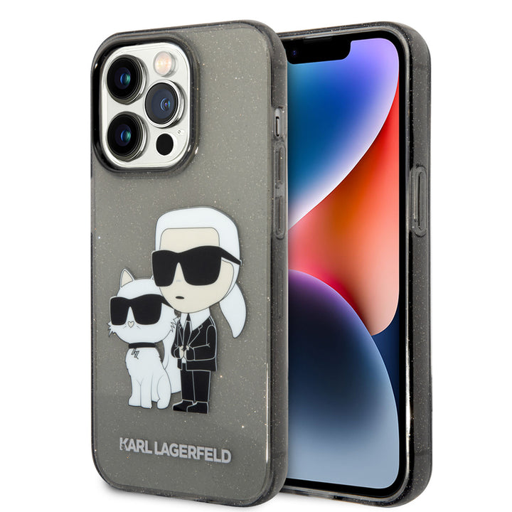 Karl Lagerfeld telefoonhoesje met glitters en figuren van Karl en Choupette, voor- en achterkant op een telefoon