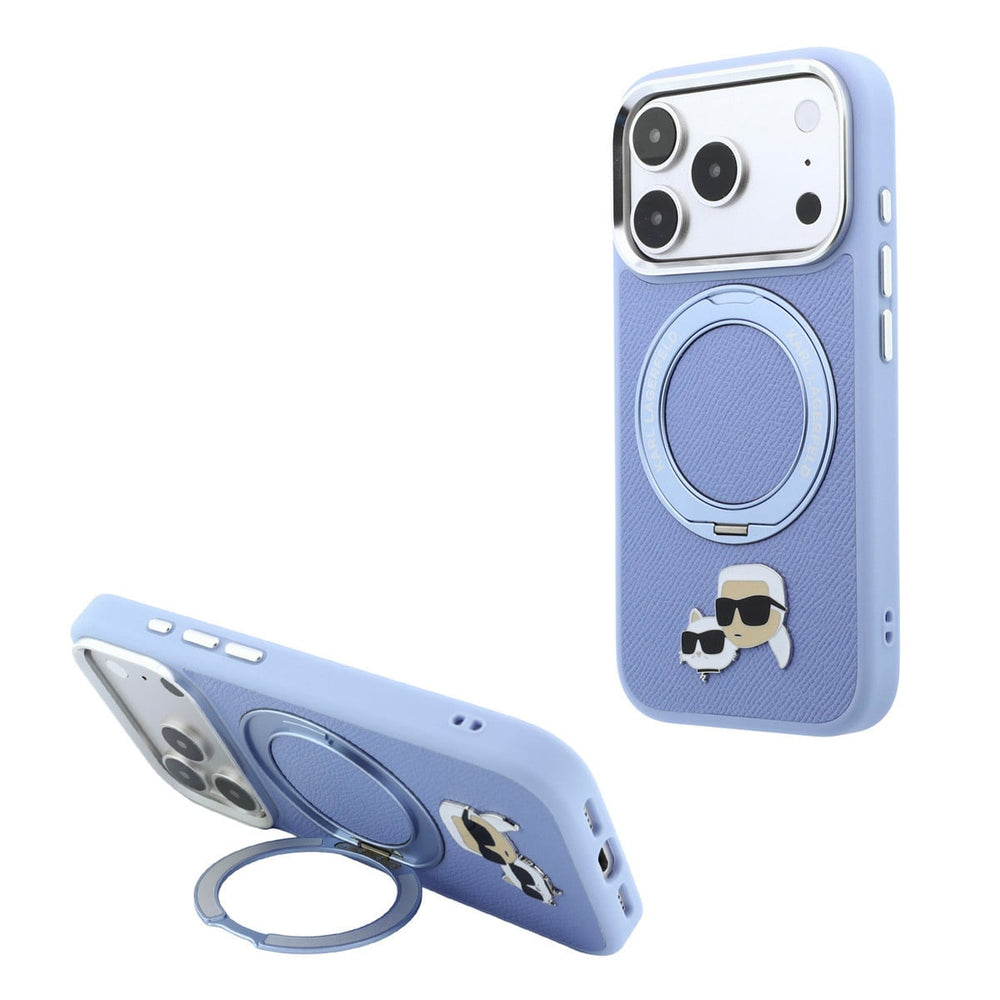 Lichtblauw Karl Lagerfeld telefoonhoesje met hoofden van Karl en Choupette met ringstandaard, staand en horizontaal als telefoonsteun