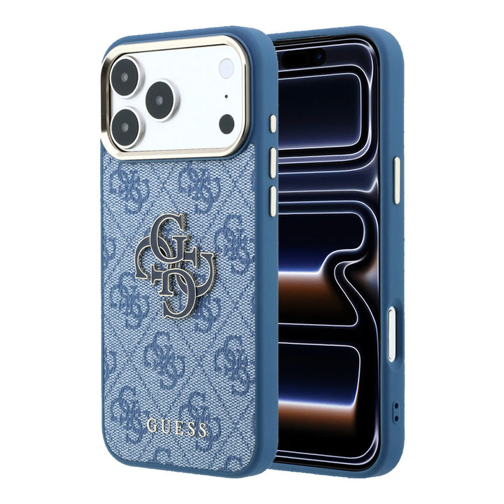 Blauw Guess telefoonhoesje met 4G-patroon en groot 4G-logo, voor- en achterkant op een telefoon