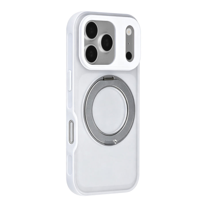 Wit TUNIQ telefoonhoesje met glanzende ringstandaard, van achteren op een telefoon