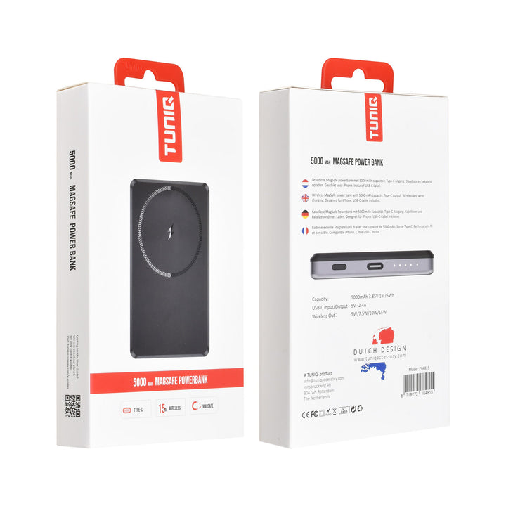 Voor- en achterkant van verpakking van zwarte TUNIQ powerbank
