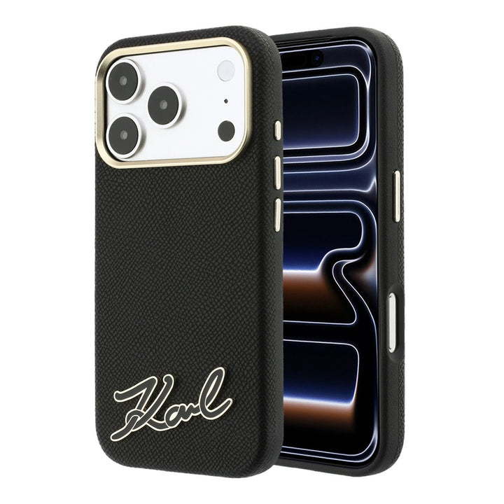 Zwart Karl Lagerfeld telefoonhoesje met schriftlogo, voor- en achterkant op een telefoon