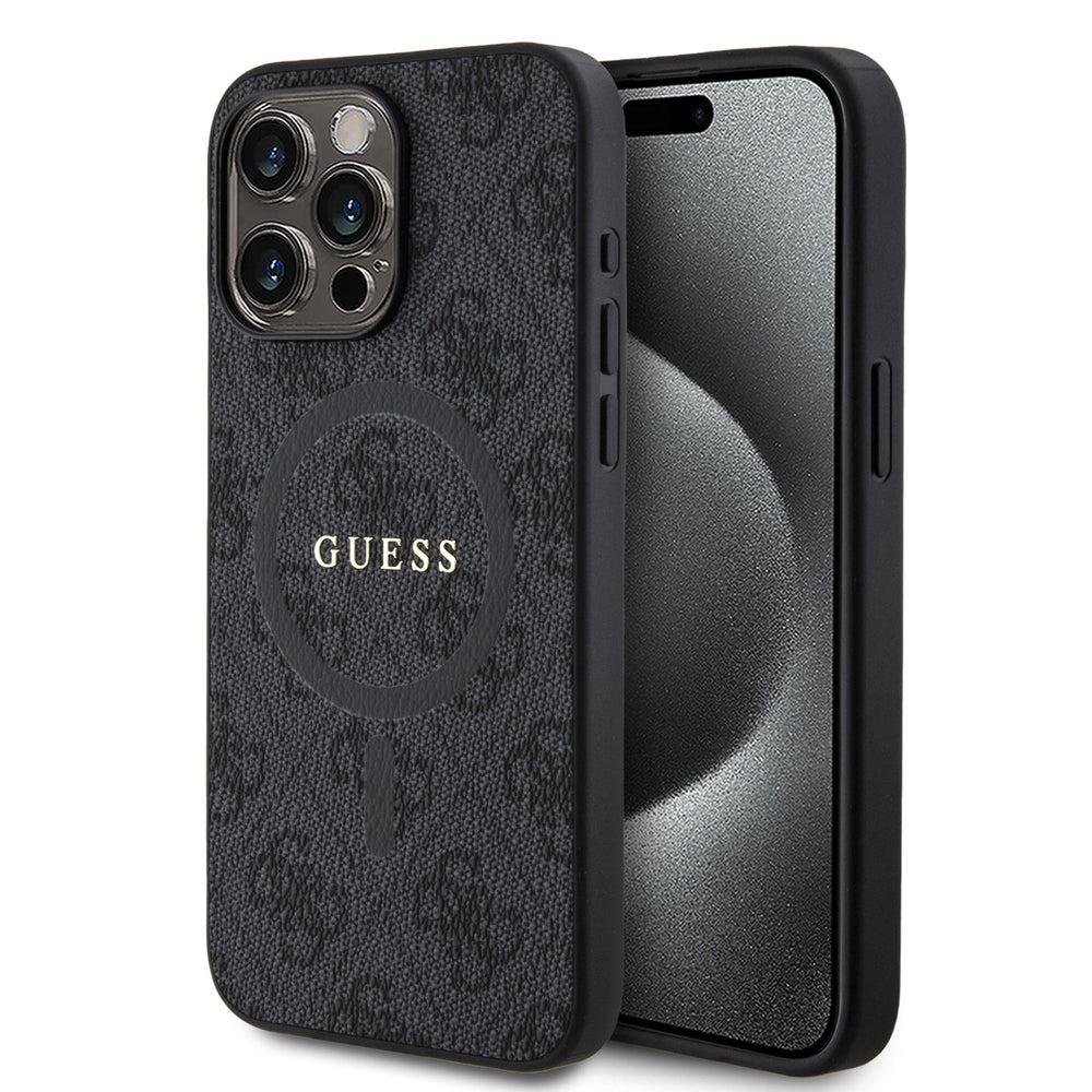 Zwart Guess telefoonhoesje met 4G-patroon en rond logo, voor- en achterkant op een telefoon