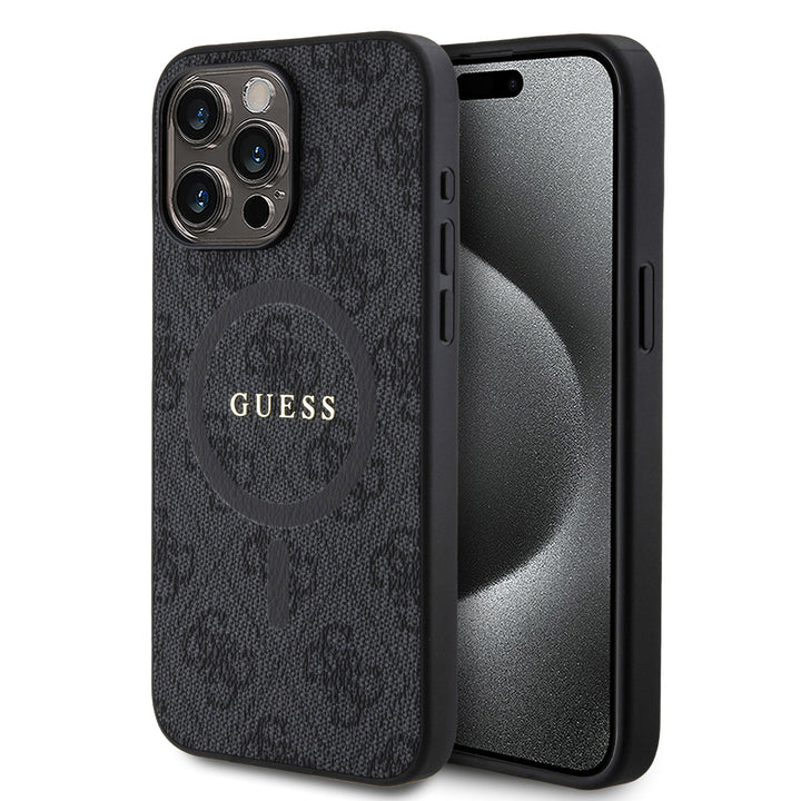 Zwart Guess telefoonhoesje met 4G-patroon en rond logo, voor- en achterkant op een telefoon