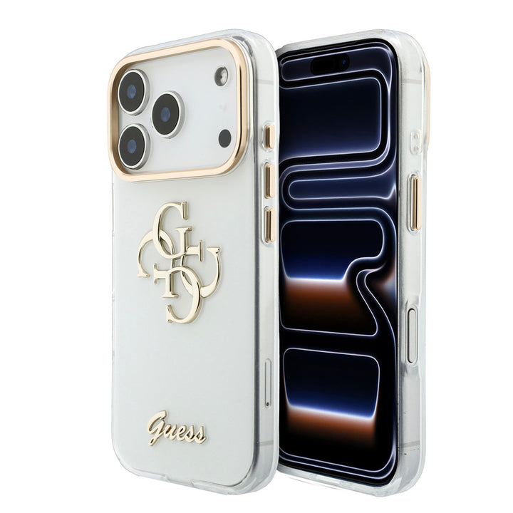 Wit Guess telefoonhoesje met groot 4G-logo en goudkleurig schriftlogo, voor- en achterkant op een telefoon