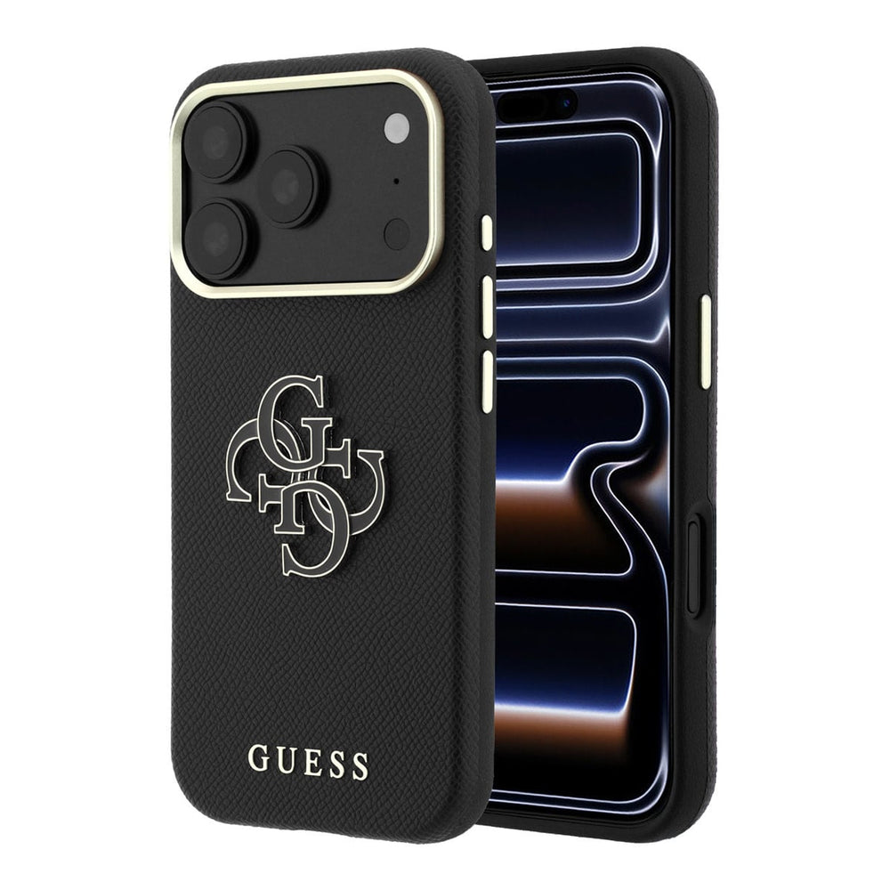 Zwart Guess telefoonhoesje met groot 4G-logo, voor- en achterkant op een telefoon