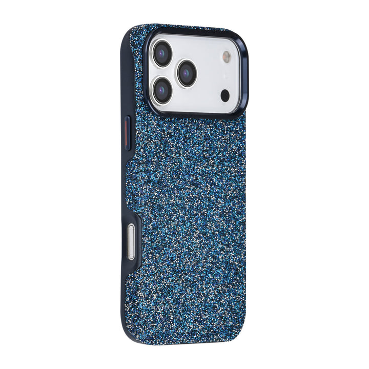 Blauw TUNIQ telefoonhoesje met glitters, van achteren op een telefoon