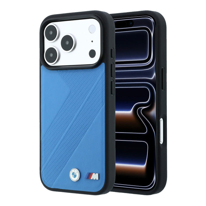 Blauw BMW telefoonhoesje met bandprofiel en M-logo, voor- en achterkant op een telefoon