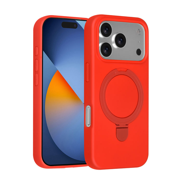 Rood TUNIQ telefoonhoesje met ringstandaard, voor- en achterkant op een telefoon