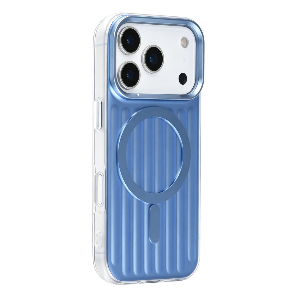 Blauw TUNIQ telefoonhoesje met verticale ribbels en ring, van achteren op een telefoon