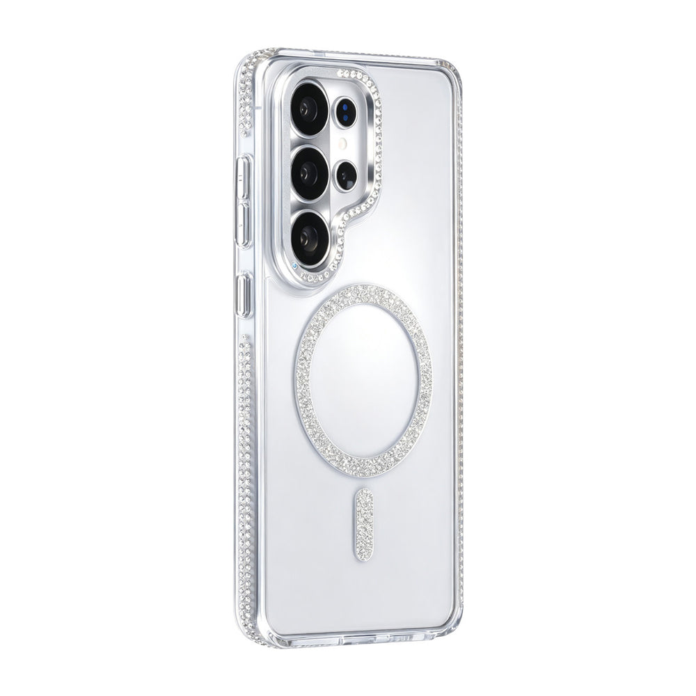 Transparant TUNIQ telefoonhoesje met zilverkleurige glitterring en rand, van achteren op een telefoon
