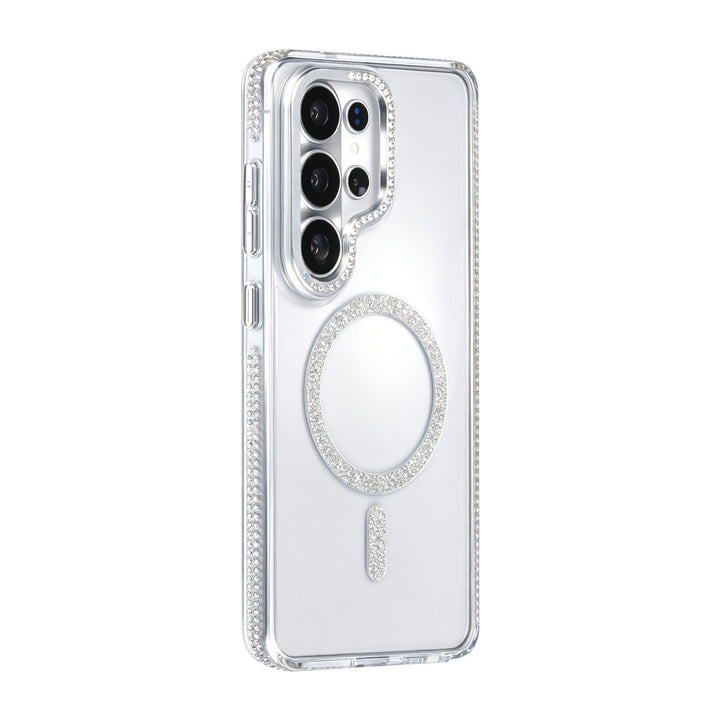 Transparant TUNIQ telefoonhoesje met zilverkleurige glitterring en rand, van achteren op een telefoon