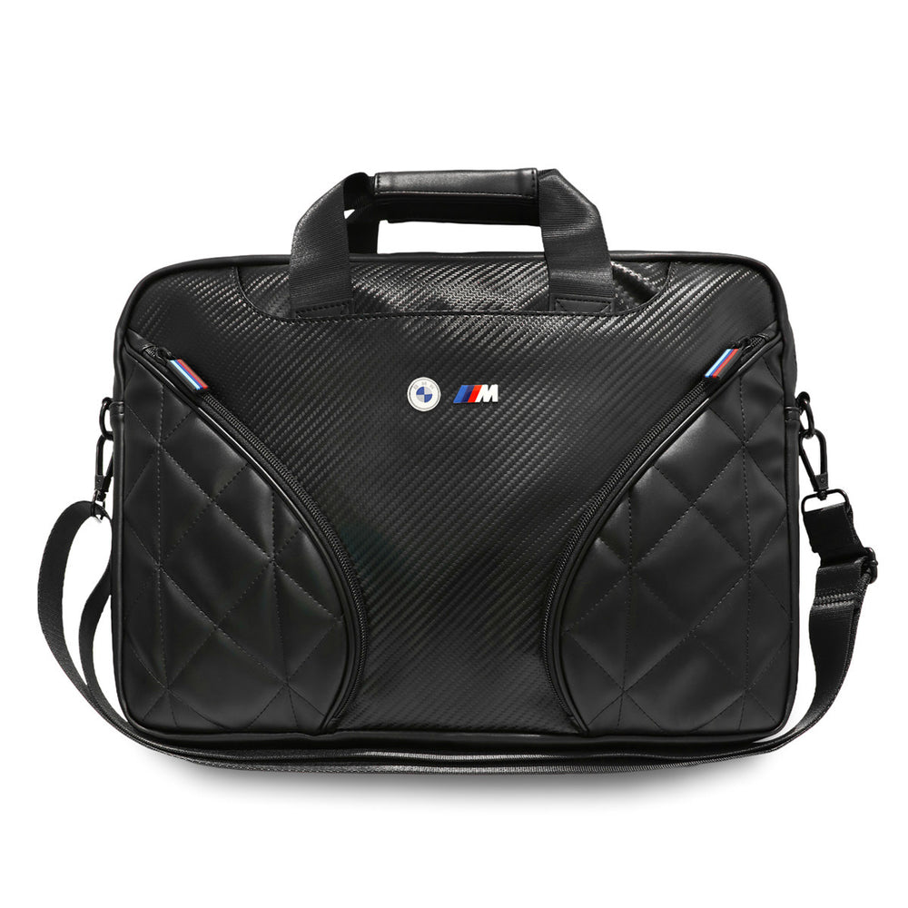 Zwarte BMW laptoptas met handvatten, schouderriem en diagonale voorvakken