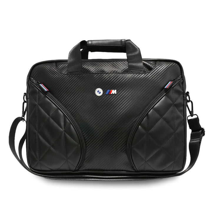 Zwarte BMW laptoptas met handvatten, schouderriem en diagonale voorvakken