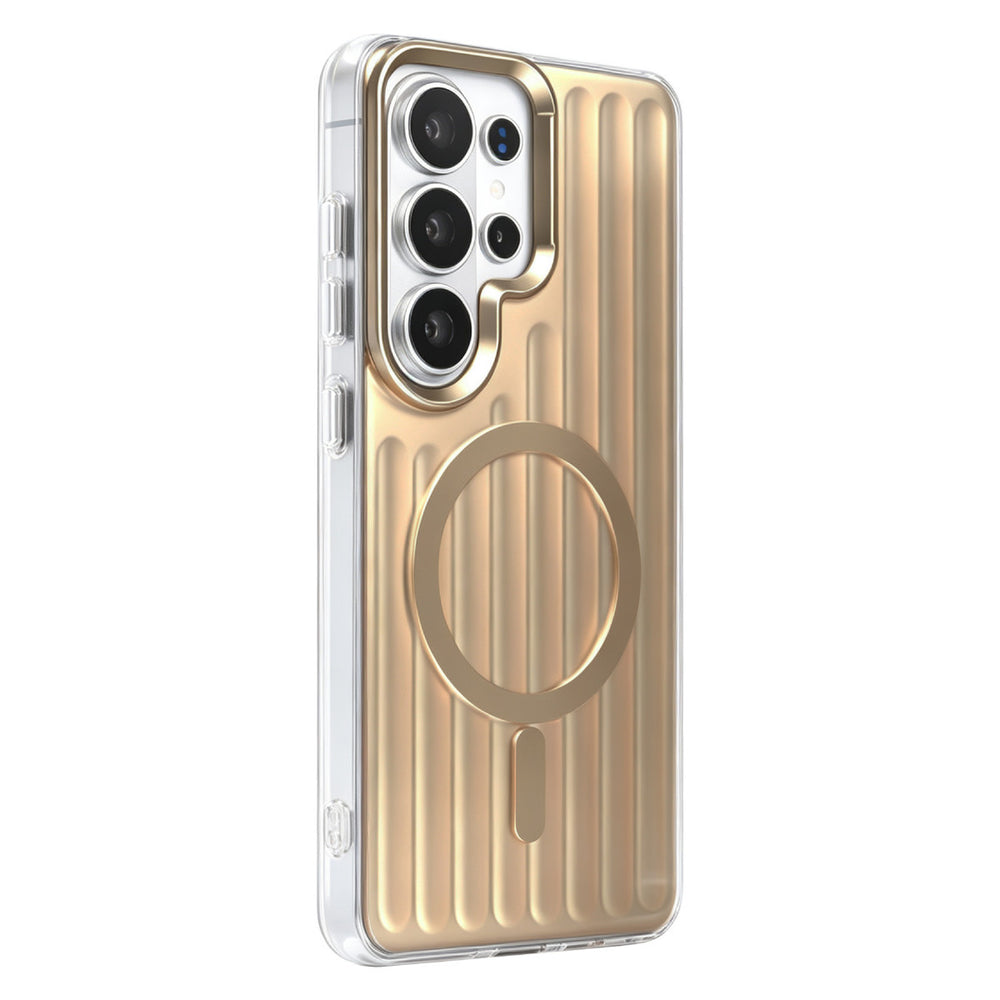 Goudkleurig TUNIQ telefoonhoesje met verticale ribbels en ring, van achteren op een telefoon