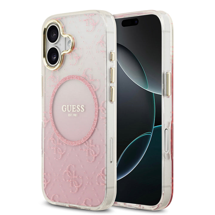 Roze Guess telefoonhoesje met kleurverloop, glitters en rond logo, voor- en achterkant op een telefoon