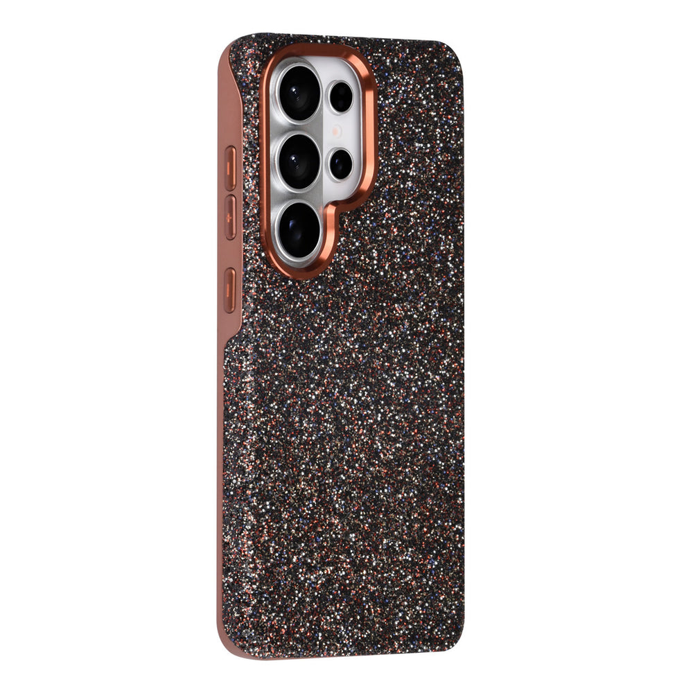 Bruin TUNIQ telefoonhoesje met glitters, van achteren op een telefoon